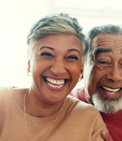 Mature couple, portrait and happy home for retirement with love, care and support with bonding. People, relationship and smile as pensioner for marriage with fun, laugh and relax on break as soulmate.